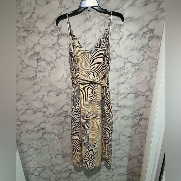 REISS Linen Blend Zebra Print Dress Size 10 Cream Brown Surplice Tie Waist Midi - Picture 11 of 14